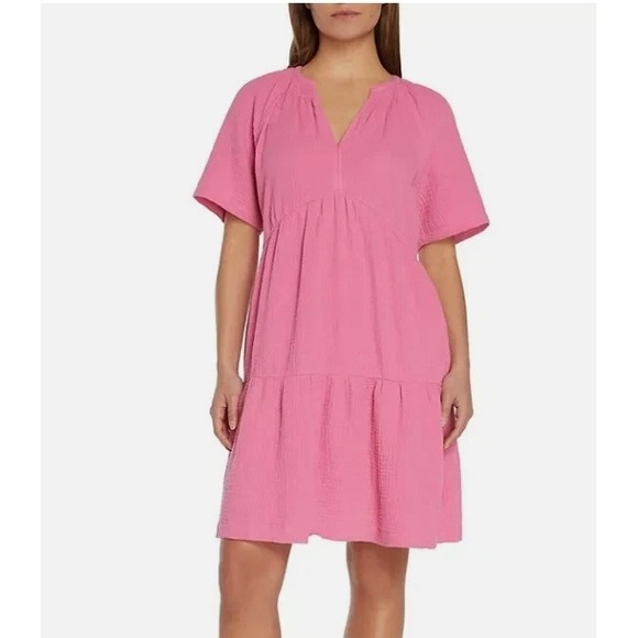 GAP Women's XL Pink Gauze V Neck Short Sleeve Tiered Casual Dress - Picture 1 of 12